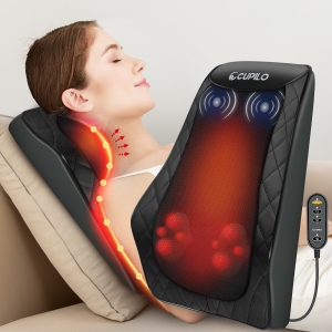 "Woman using CUPILO massage cushion with heating therapy for neck and spine relief"