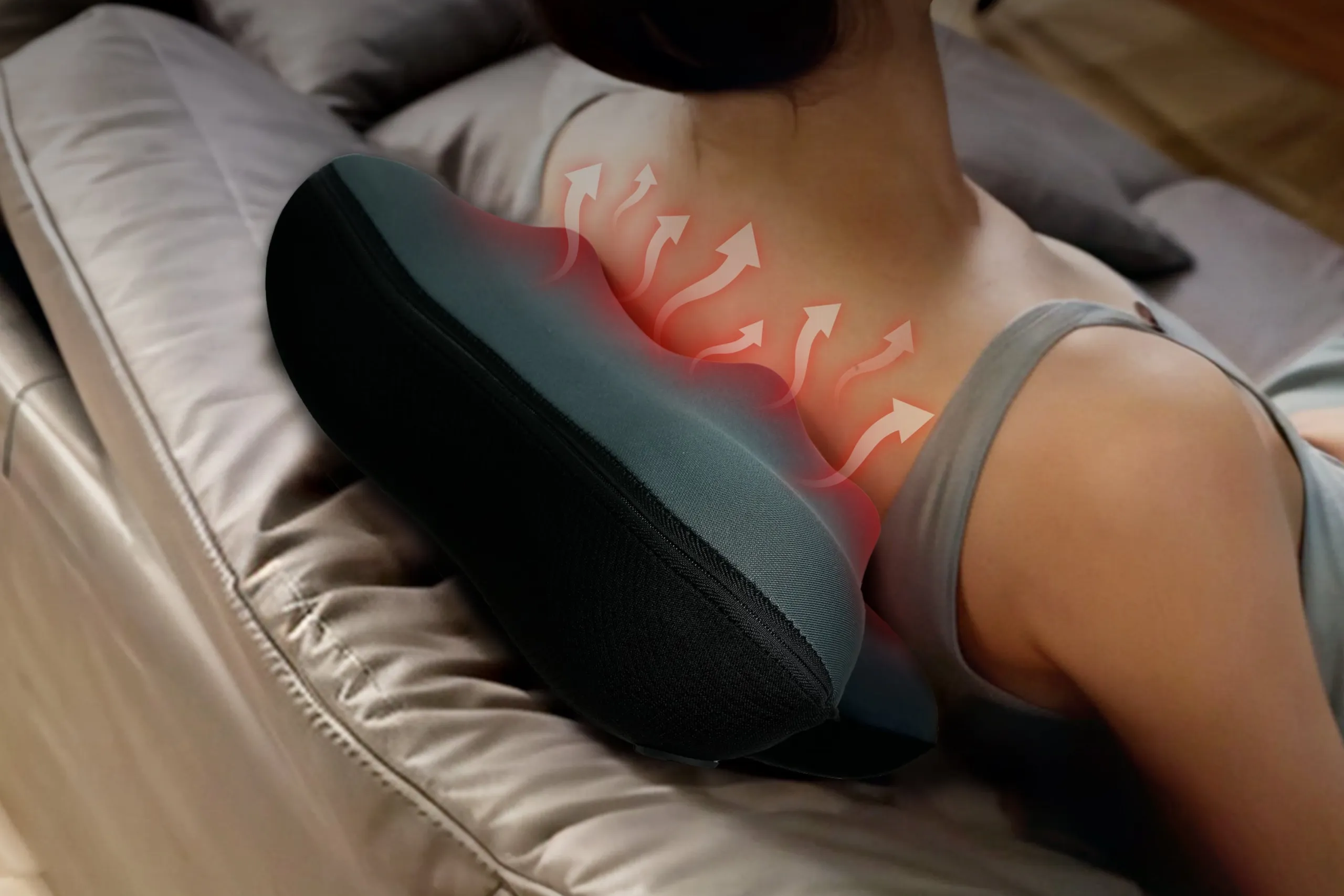 Neck pillow with massage for tension relief; Heated neck massager pillow with soothing warmth; Shiatsu kneading nodes for deep muscle relaxation.