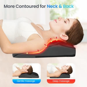 "Contoured massage cushion showing gentle massage and deep massage modes for back and neck support"