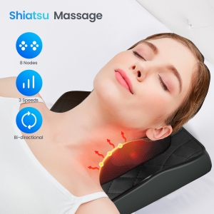 "Shiatsu neck massager with 8 nodes, 3 speed settings and bi-directional massage functions"