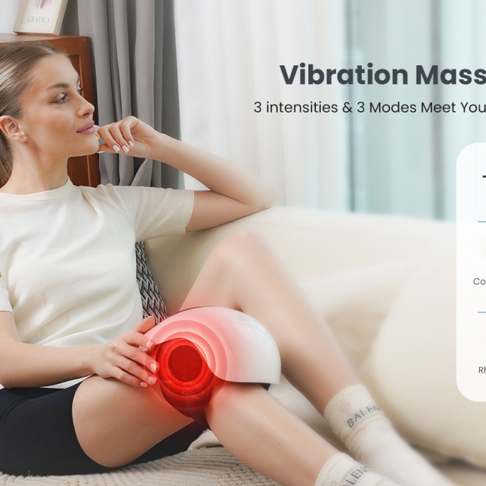 Knee massager with heat and vibration for pain relief; Therapeutic heated knee wrap for joint relaxation; Portable knee pain relief device with adjustable settings.