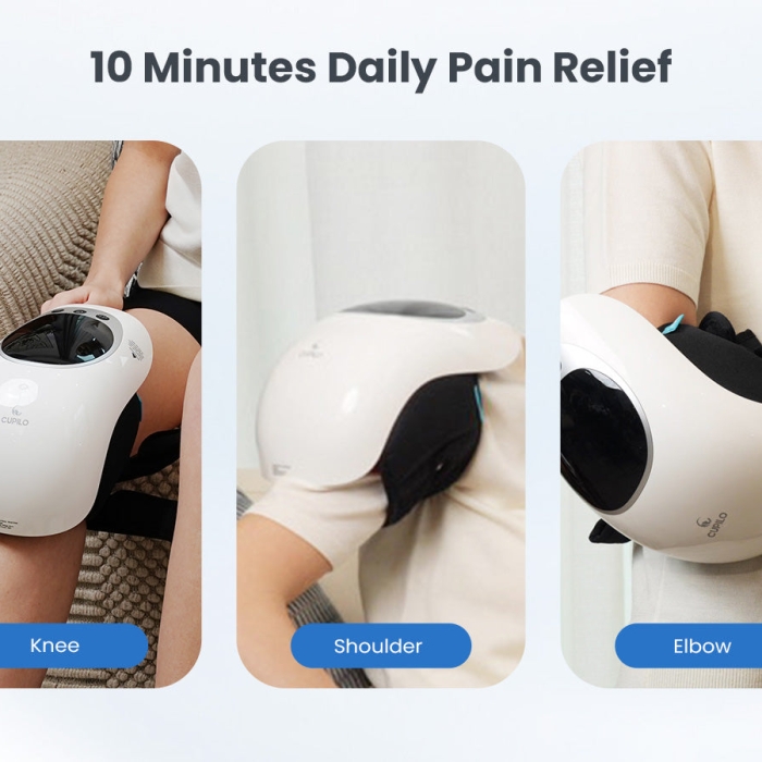 Knee massager with heat and vibration for pain relief; Therapeutic heated knee wrap for joint relaxation; Portable knee pain relief device with adjustable settings.