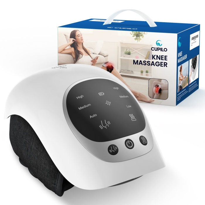 Knee massager with heat and vibration for pain relief; Therapeutic heated knee wrap for joint relaxation; Portable knee pain relief device with adjustable settings.