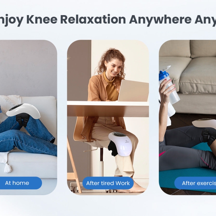 Knee massager with heat and vibration for pain relief; Therapeutic heated knee wrap for joint relaxation; Portable knee pain relief device with adjustable settings.