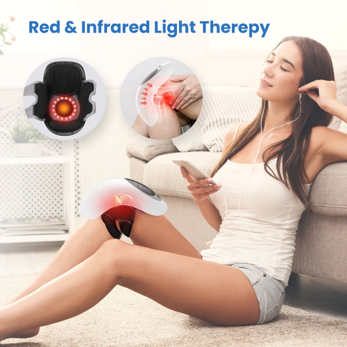 Knee massager with heat and vibration for pain relief; Therapeutic heated knee wrap for joint relaxation; Portable knee pain relief device with adjustable settings.