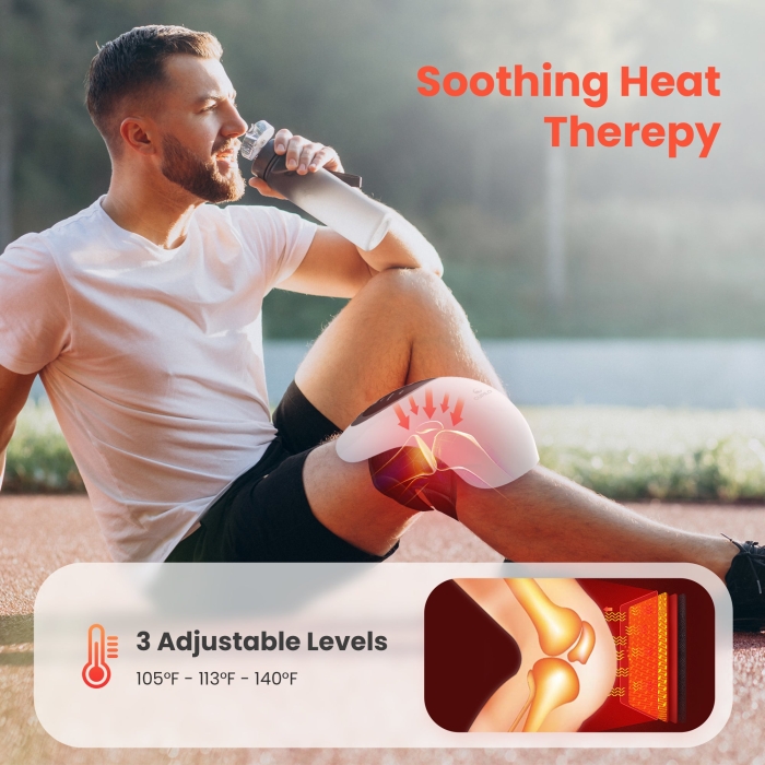 Knee massager with heat and vibration for pain relief; Therapeutic heated knee wrap for joint relaxation; Portable knee pain relief device with adjustable settings.