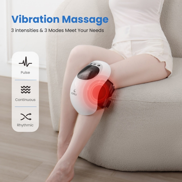 Knee massager with heat and vibration for pain relief; Therapeutic heated knee wrap for joint relaxation; Portable knee pain relief device with adjustable settings.
