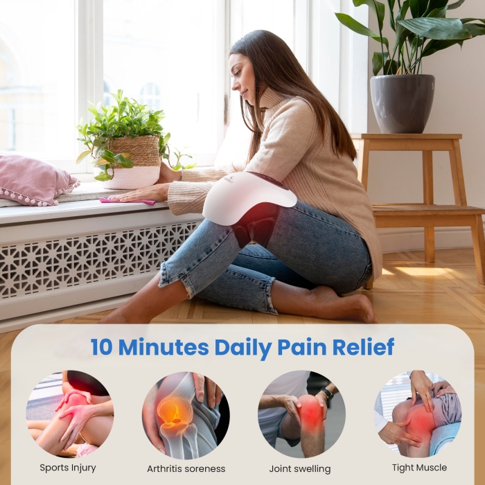 Knee massager with heat and vibration for pain relief; Therapeutic heated knee wrap for joint relaxation; Portable knee pain relief device with adjustable settings.