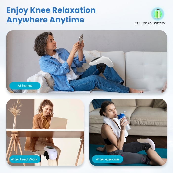 Knee massager with heat and vibration for pain relief; Therapeutic heated knee wrap for joint relaxation; Portable knee pain relief device with adjustable settings.