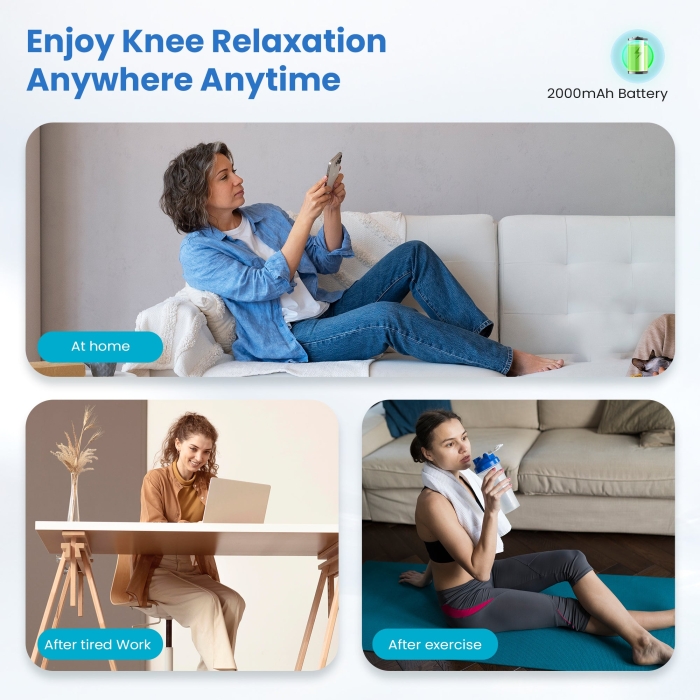 Knee massager with heat and vibration for pain relief; Therapeutic heated knee wrap for joint relaxation; Portable knee pain relief device with adjustable settings.