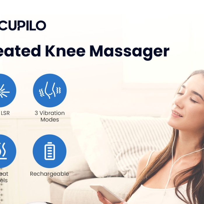 Knee massager with heat and vibration for pain relief; Therapeutic heated knee wrap for joint relaxation; Portable knee pain relief device with adjustable settings.