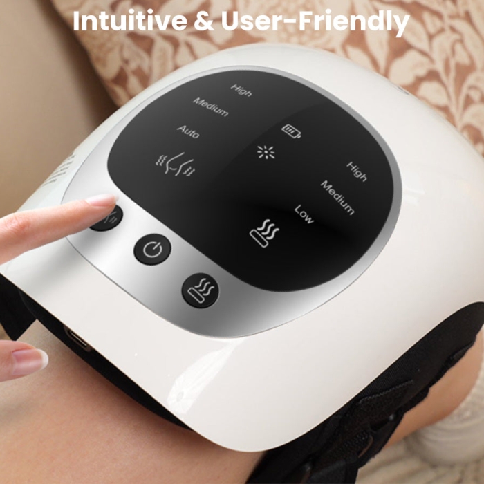Knee massager with heat and vibration for pain relief; Therapeutic heated knee wrap for joint relaxation; Portable knee pain relief device with adjustable settings.