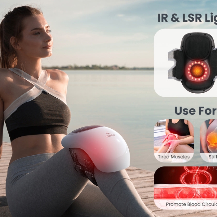 Knee massager with heat and vibration for pain relief; Therapeutic heated knee wrap for joint relaxation; Portable knee pain relief device with adjustable settings.