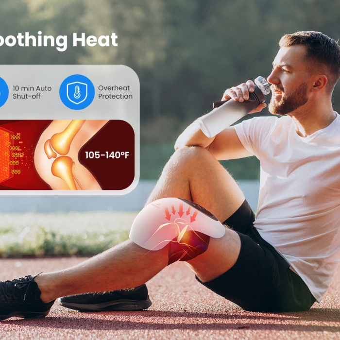 Knee massager with heat and vibration for pain relief; Therapeutic heated knee wrap for joint relaxation; Portable knee pain relief device with adjustable settings.