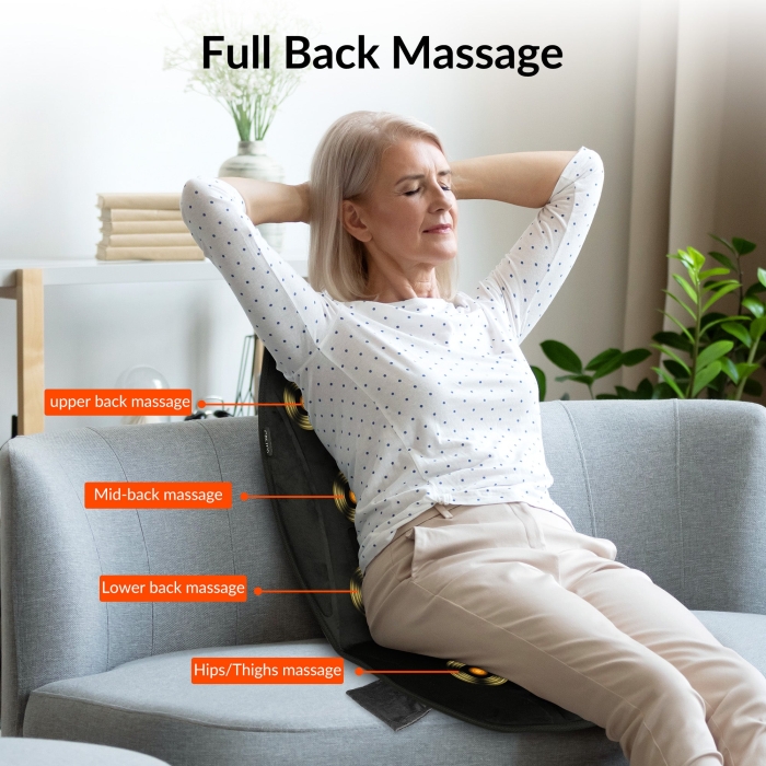 Chair back massager with integrated back massager heating pad for targeted relief