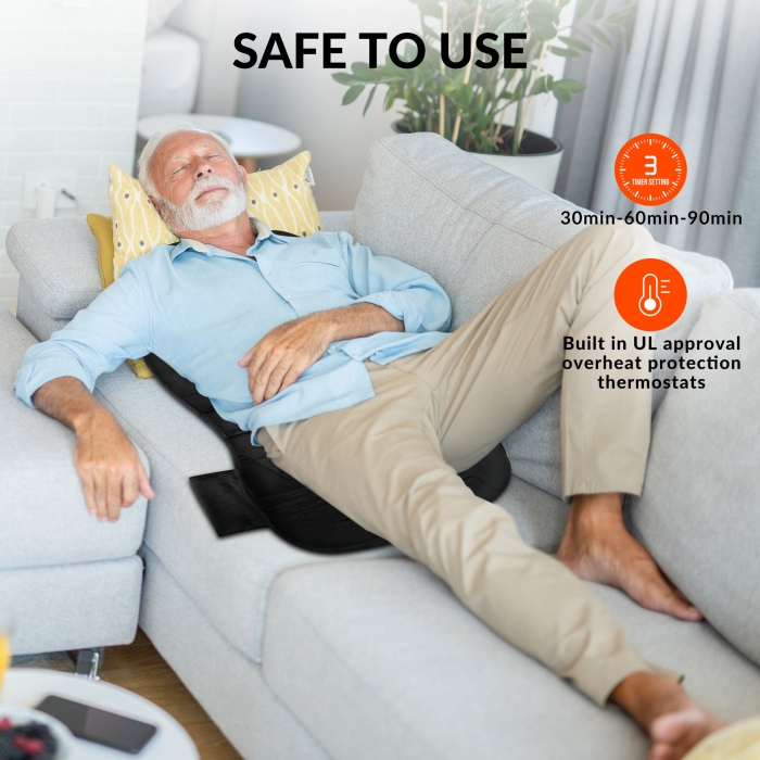 Chair back massager with integrated back massager heating pad for targeted relief