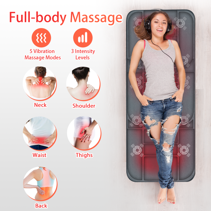 Massage mat for bed with full-body coverage; Full body massage mat with multiple intensity levels; Heated massage mat for deep muscle relaxation and pain relief.