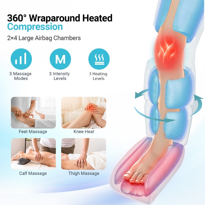 Foot calf and leg massager for full-leg relaxation; Air compression leg massager with heat therapy for improved circulation; Adjustable pressure settings for customized recovery.