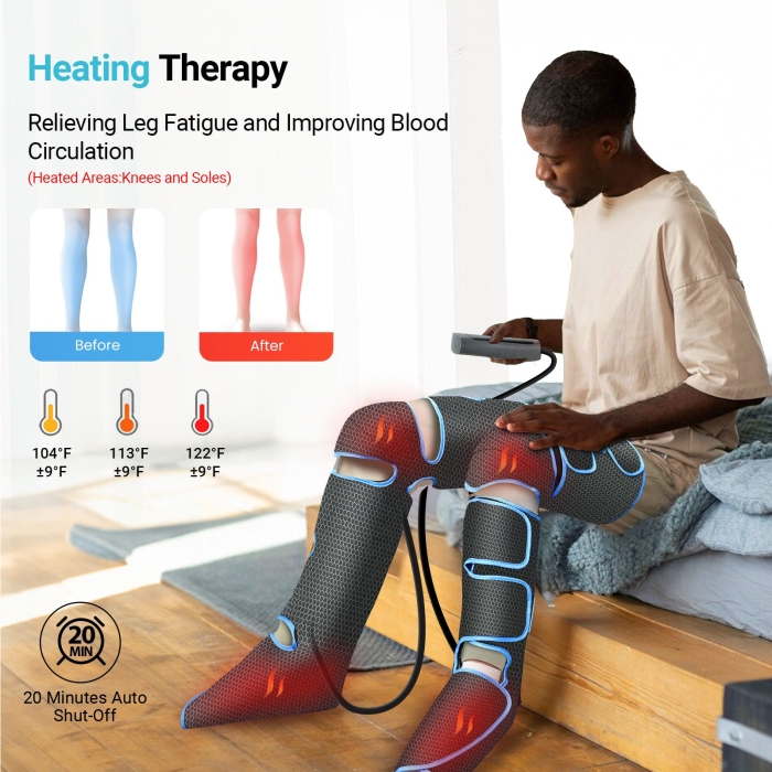 Foot calf and leg massager for full-leg relaxation; Air compression leg massager with heat therapy for improved circulation; Adjustable pressure settings for customized recovery.