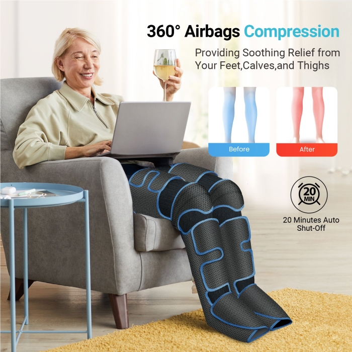 Foot calf and leg massager for full-leg relaxation; Air compression leg massager with heat therapy for improved circulation; Adjustable pressure settings for customized recovery.