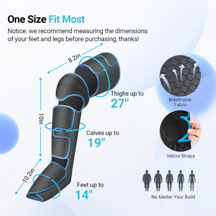 Foot calf and leg massager for full-leg relaxation; Air compression leg massager with heat therapy for improved circulation; Adjustable pressure settings for customized recovery.