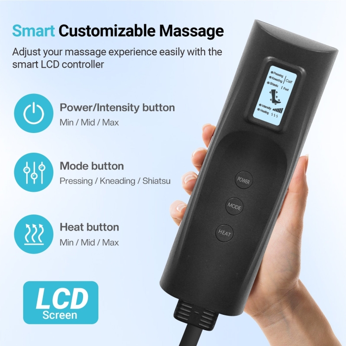 Foot calf and leg massager for full-leg relaxation; Air compression leg massager with heat therapy for improved circulation; Adjustable pressure settings for customized recovery.