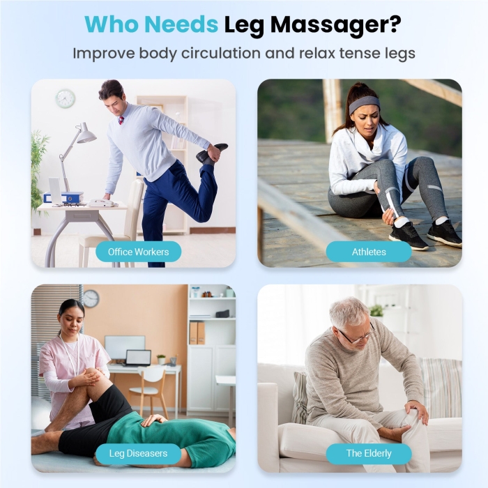 Foot calf and leg massager for full-leg relaxation; Air compression leg massager with heat therapy for improved circulation; Adjustable pressure settings for customized recovery.