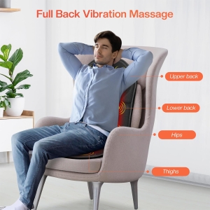 "Full back vibration massage cushion targeting upper back, lower back, hips, and thighs for relaxation."