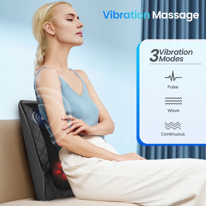 Shiatsu back massager with heating function and pads – addresses back tension; back pain after massage may relate to usage intensity