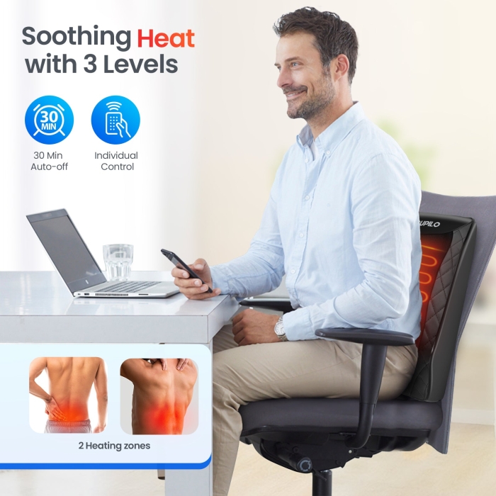 Shiatsu back massager with heating function and pads – addresses back tension; back pain after massage may relate to usage intensity