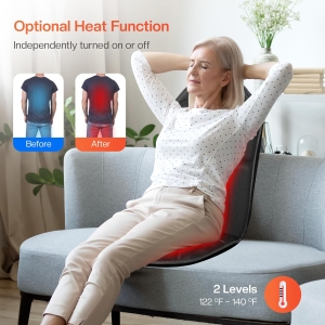 "Massage chair cushion with optional heat function, two temperature levels for back comfort and pain relief."