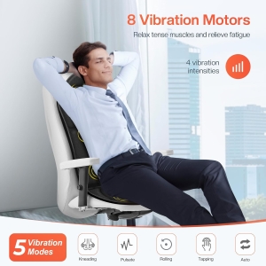 "Portable massage cushion with plush polyester fabric, soft padding and straps for secure fit on chairs."