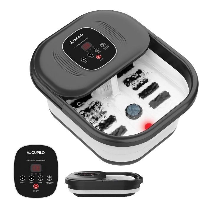 Foot massager with heater for warm relaxation therapy; Portable spa bubble bath foot massager with deep kneading and hydrotherapy; Compact design with removable parts for easy storage and travel use.