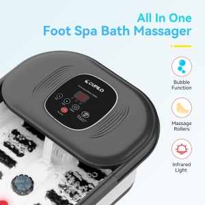 Foot massager with heater for warm relaxation therapy; Portable spa bubble bath foot massager with deep kneading and hydrotherapy; Compact design with removable parts for easy storage and travel use.