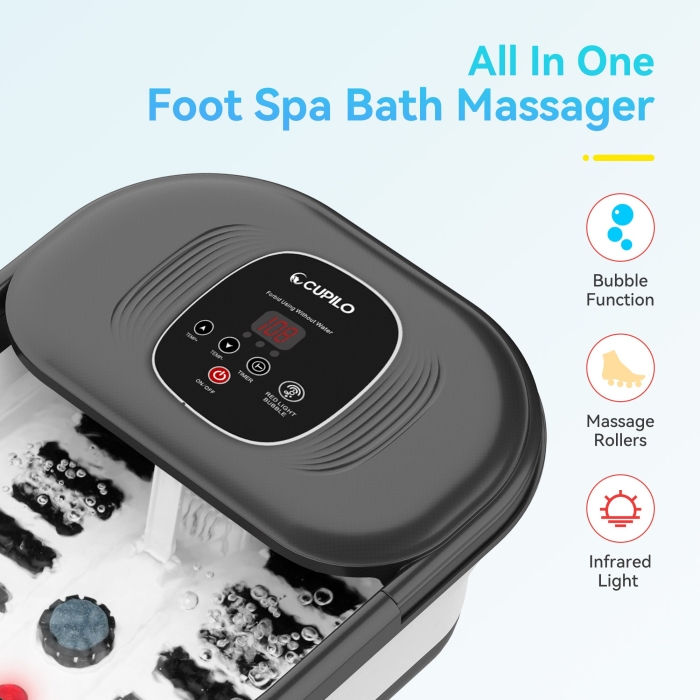 Foot massager with heater for warm relaxation therapy; Portable spa bubble bath foot massager with deep kneading and hydrotherapy; Compact design with removable parts for easy storage and travel use.