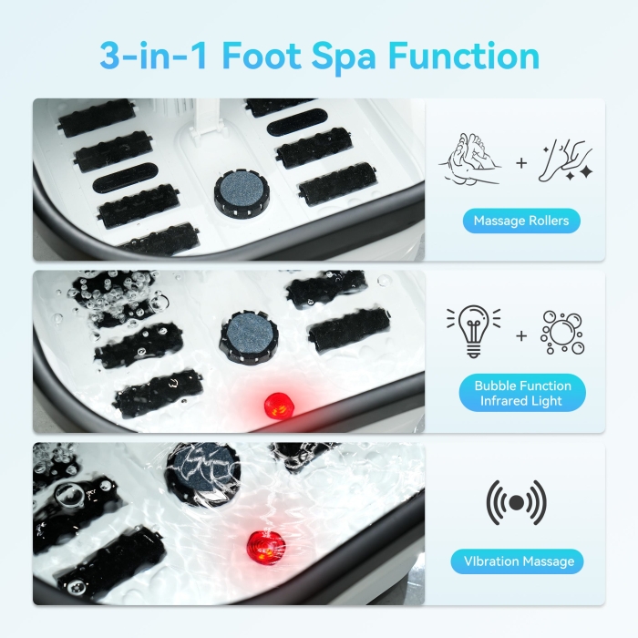 Foot massager with heater for warm relaxation therapy; Portable spa bubble bath foot massager with deep kneading and hydrotherapy; Compact design with removable parts for easy storage and travel use.