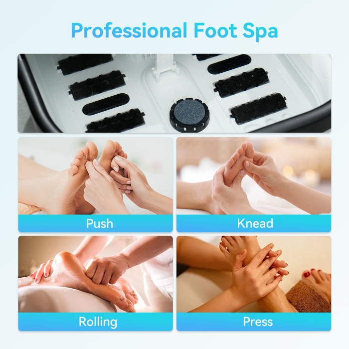 Foot massager with heater for warm relaxation therapy; Portable spa bubble bath foot massager with deep kneading and hydrotherapy; Compact design with removable parts for easy storage and travel use.