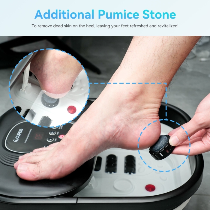 Foot massager with heater for warm relaxation therapy; Portable spa bubble bath foot massager with deep kneading and hydrotherapy; Compact design with removable parts for easy storage and travel use.
