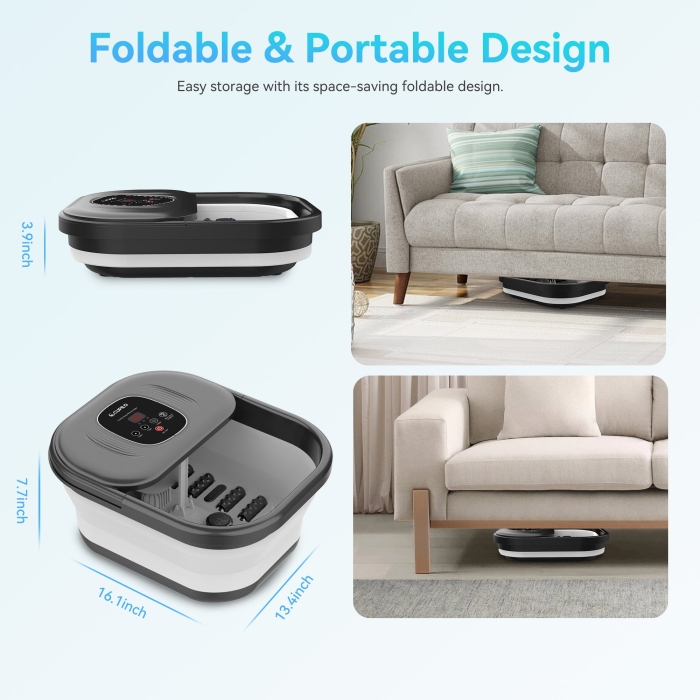 Foot massager with heater for warm relaxation therapy; Portable spa bubble bath foot massager with deep kneading and hydrotherapy; Compact design with removable parts for easy storage and travel use.