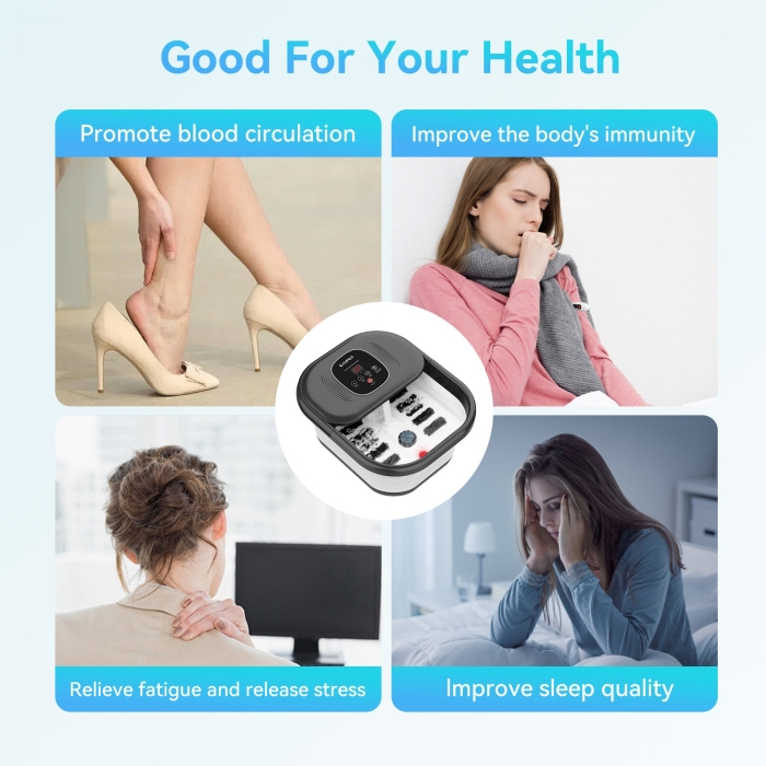 Foot massager with heater for warm relaxation therapy; Portable spa bubble bath foot massager with deep kneading and hydrotherapy; Compact design with removable parts for easy storage and travel use.