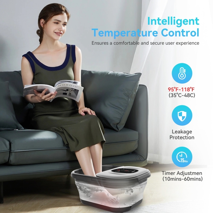 Foot massager with heater for warm relaxation therapy; Portable spa bubble bath foot massager with deep kneading and hydrotherapy; Compact design with removable parts for easy storage and travel use.