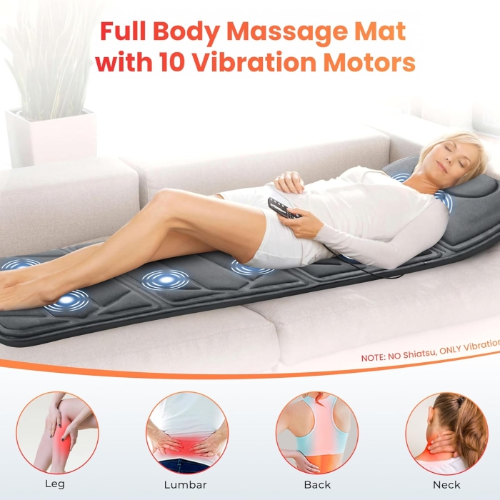 Full body massage mat for complete relaxation; Shiatsu massage mat with deep-tissue kneading nodes; Thai-style stretch massage mat for muscle relief.