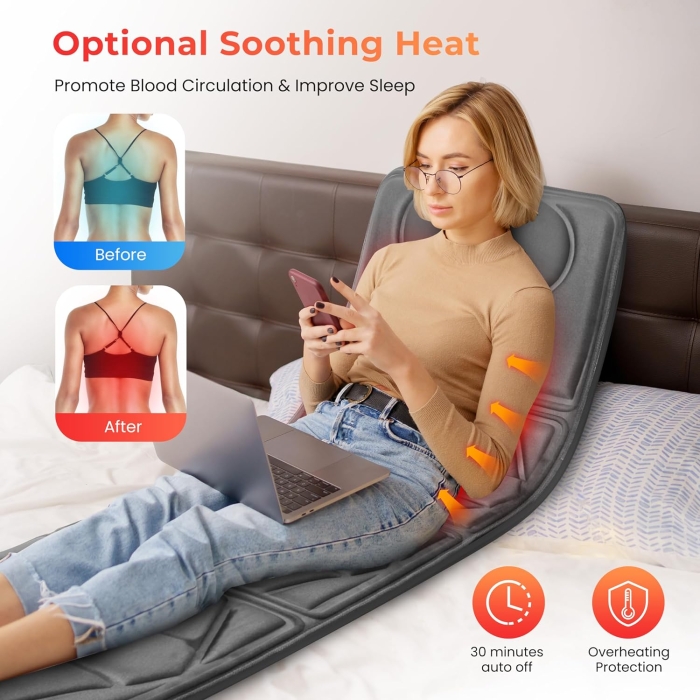Full body massage mat for complete relaxation; Shiatsu massage mat with deep-tissue kneading nodes; Thai-style stretch massage mat for muscle relief.
