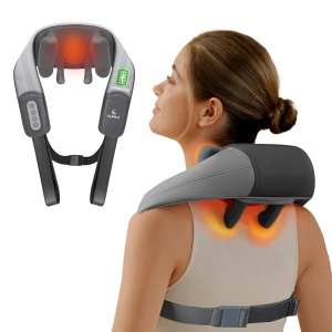 4-hands neck massager with dual kneading nodes; Neck and shoulder heat massager for pain relief; Adjustable intensity with soothing warmth therapy.