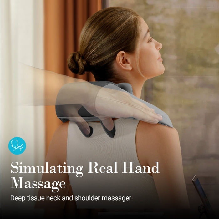 4-hands neck massager with dual kneading nodes; Neck and shoulder heat massager for pain relief; Adjustable intensity with soothing warmth therapy.