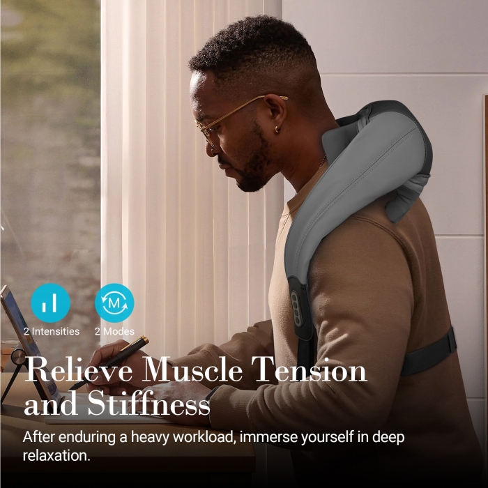 4-hands neck massager with dual kneading nodes; Neck and shoulder heat massager for pain relief; Adjustable intensity with soothing warmth therapy.