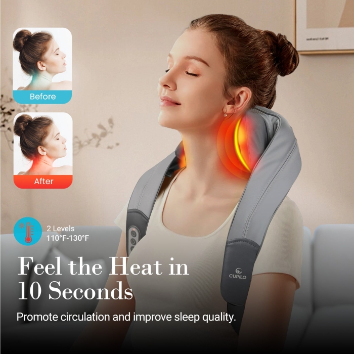 4-hands neck massager with dual kneading nodes; Neck and shoulder heat massager for pain relief; Adjustable intensity with soothing warmth therapy.