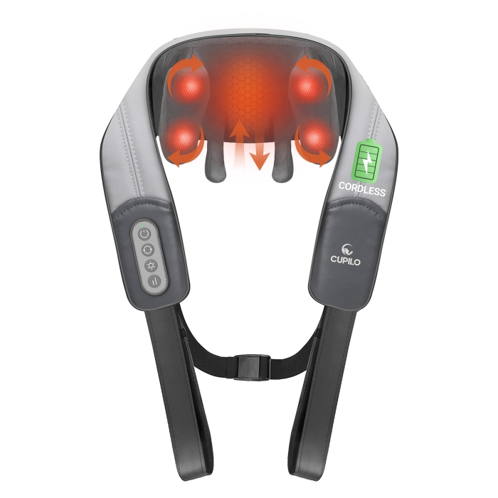 4-hands neck massager with dual kneading nodes; Neck and shoulder heat massager for pain relief; Adjustable intensity with soothing warmth therapy.