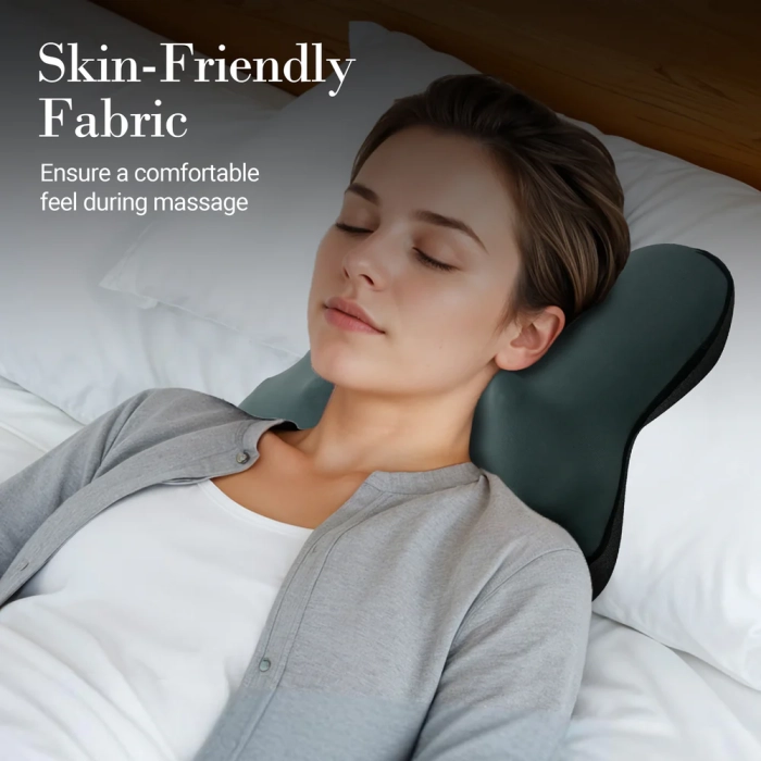 Neck pillow with massage for tension relief; Heated neck massager pillow with soothing warmth; Shiatsu kneading nodes for deep muscle relaxation.