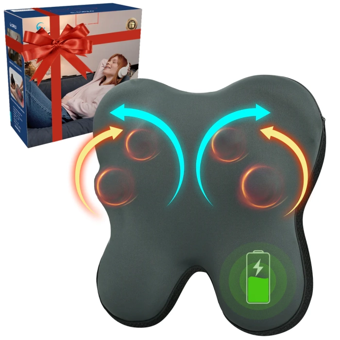 Neck pillow with massage for tension relief; Heated neck massager pillow with soothing warmth; Shiatsu kneading nodes for deep muscle relaxation.